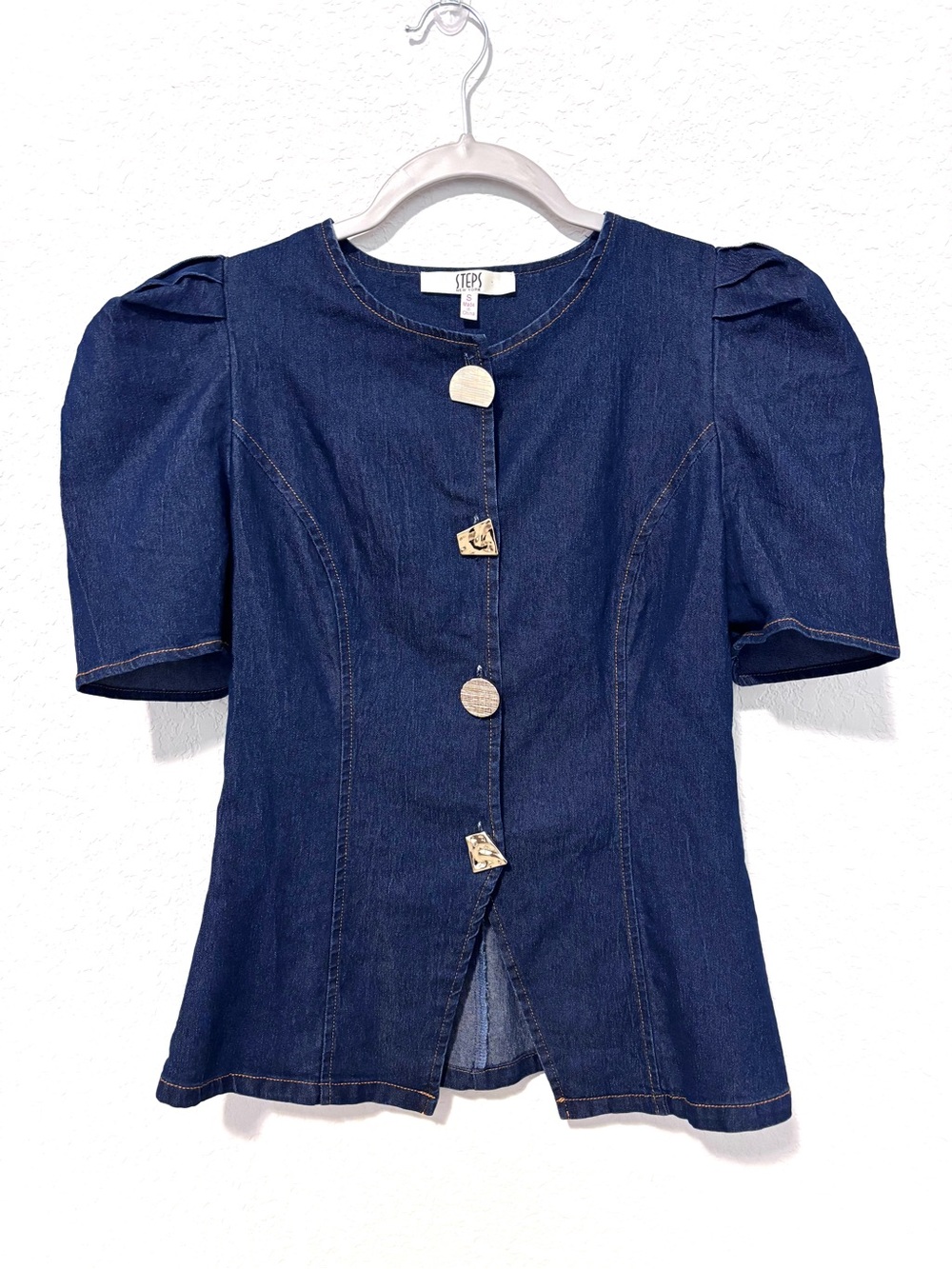 Steps NY Denim Puff Sleeve Gold Statement Button Top Women’s Small Quirky